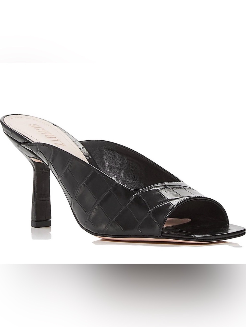 SCHUTZ Women's Black 'Agape' Croc Embossed Leather Open Toe Slide Heels Size 8.5
